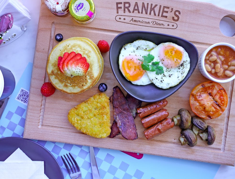 hearty breakfast plate with pancakes and eggs, illustrating breakfast around the world
